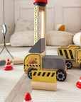 Green Wooden Construction Toy Set with Crane and Vehicles