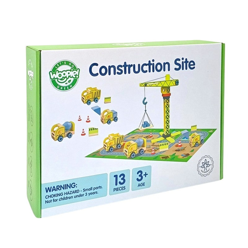 Green Wooden Construction Toy Set with Crane and Vehicles