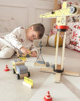 Green Wooden Construction Toy Set with Crane and Vehicles
