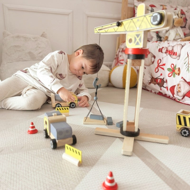Green Wooden Construction Toy Set with Crane and Vehicles