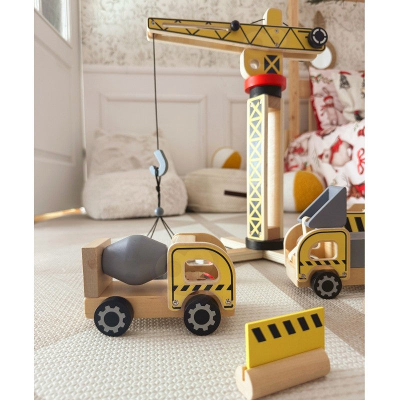 Green Wooden Construction Toy Set with Crane and Vehicles