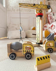 Green Wooden Construction Toy Set with Crane and Vehicles