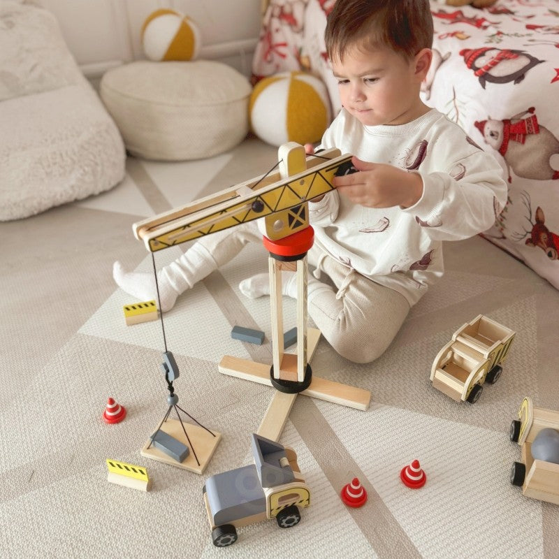 Green Wooden Construction Toy Set with Crane and Vehicles