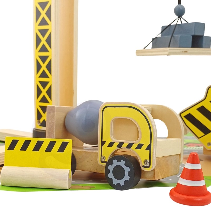 Green Wooden Construction Toy Set with Crane and Vehicles
