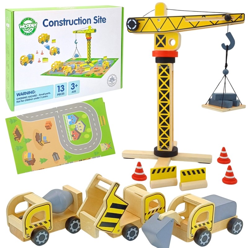 Green Wooden Construction Toy Set with Crane and Vehicles