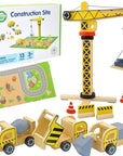 Green Wooden Construction Toy Set with Crane and Vehicles