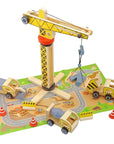 Green Wooden Construction Toy Set with Crane and Vehicles