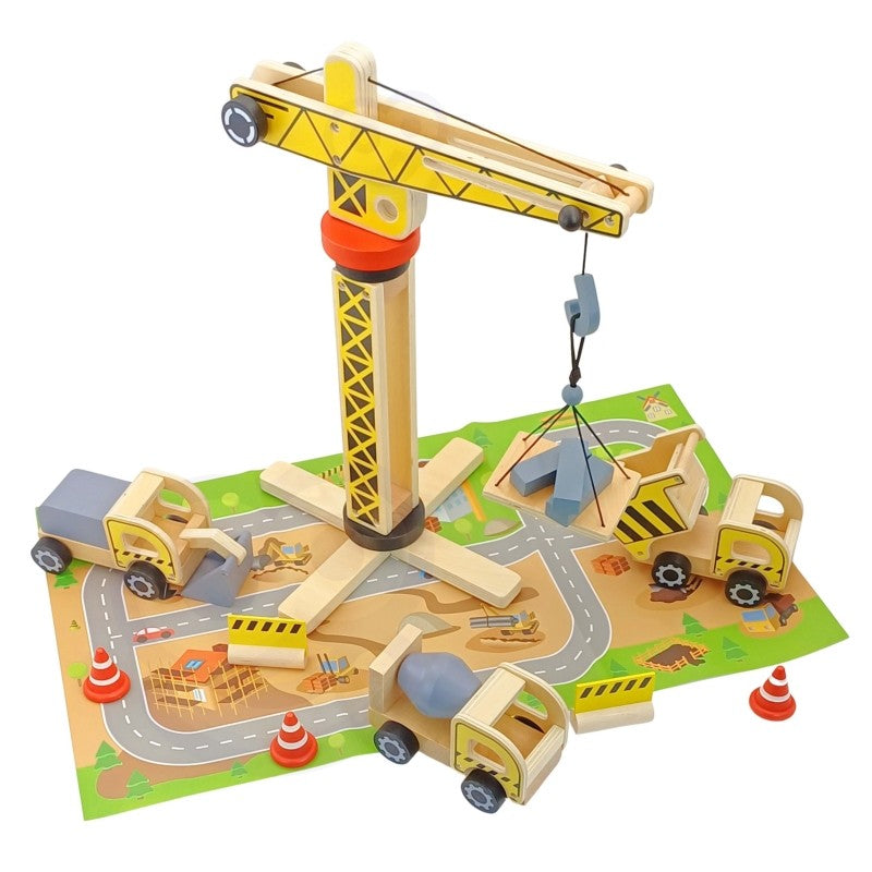 Green Wooden Construction Toy Set with Crane and Vehicles