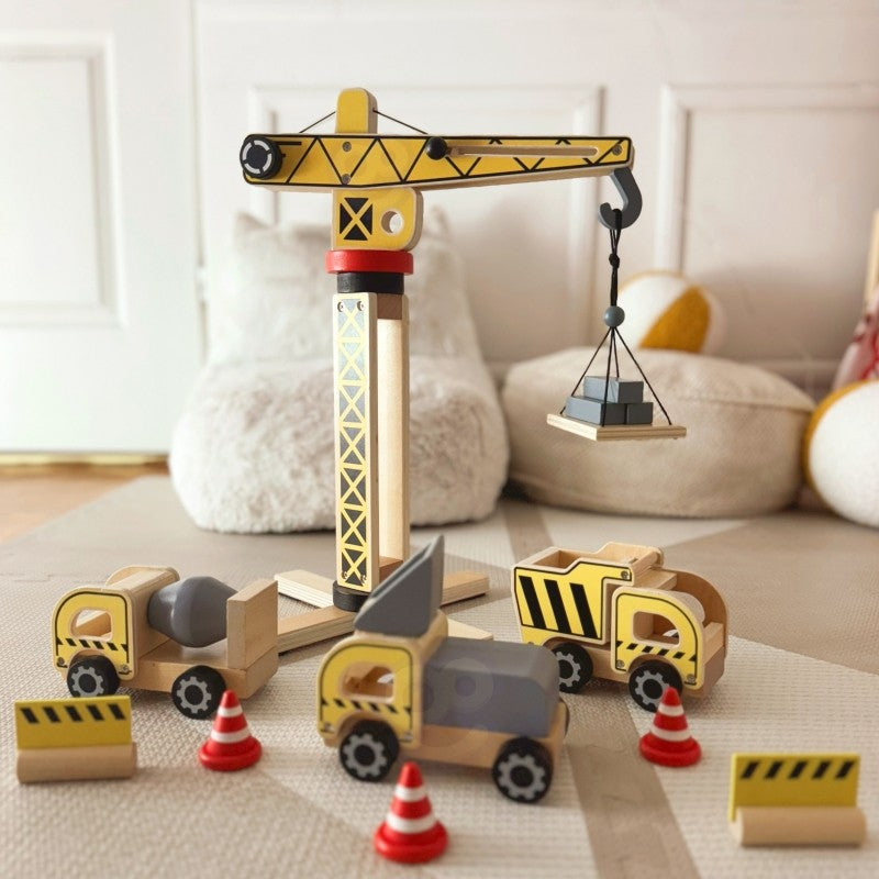 Green Wooden Construction Toy Set with Crane and Vehicles