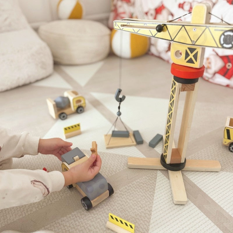 Green Wooden Construction Toy Set with Crane and Vehicles