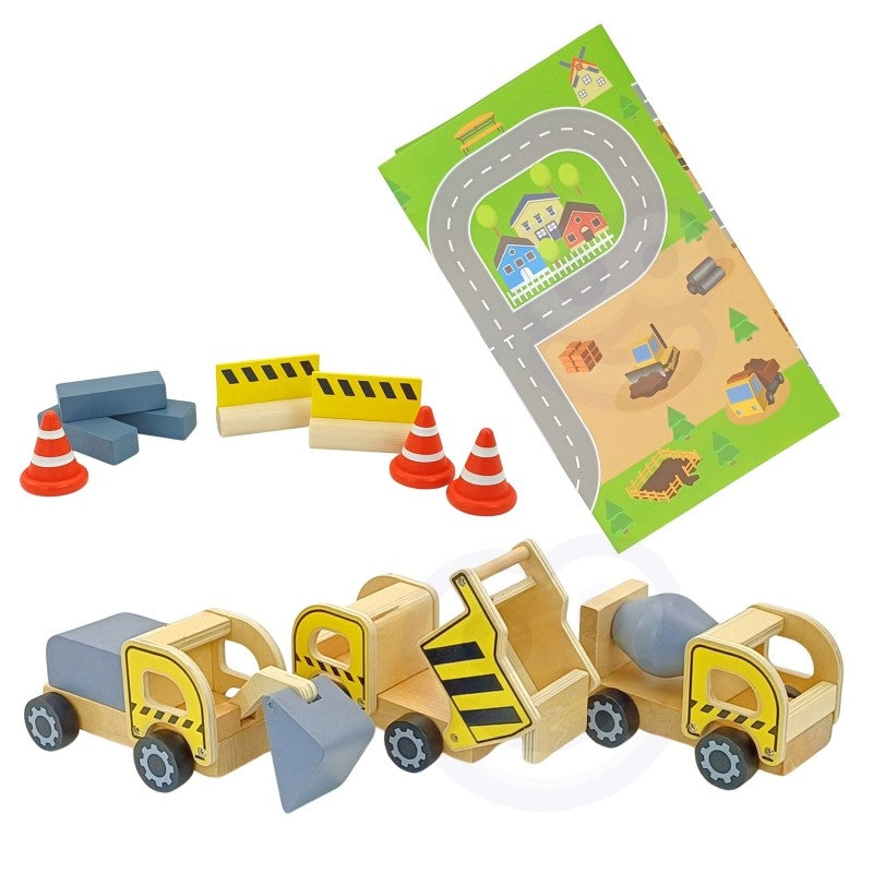 Green Wooden Construction Toy Set with Crane and Vehicles