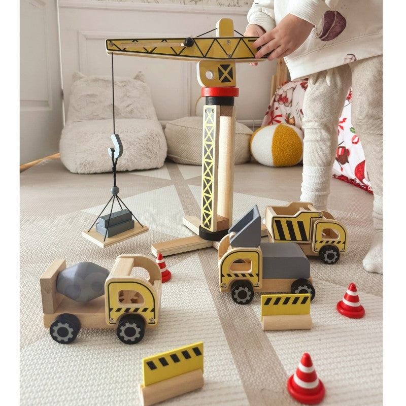 Green Wooden Construction Toy Set with Crane and Vehicles