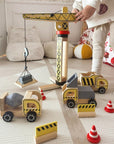 Green Wooden Construction Toy Set with Crane and Vehicles