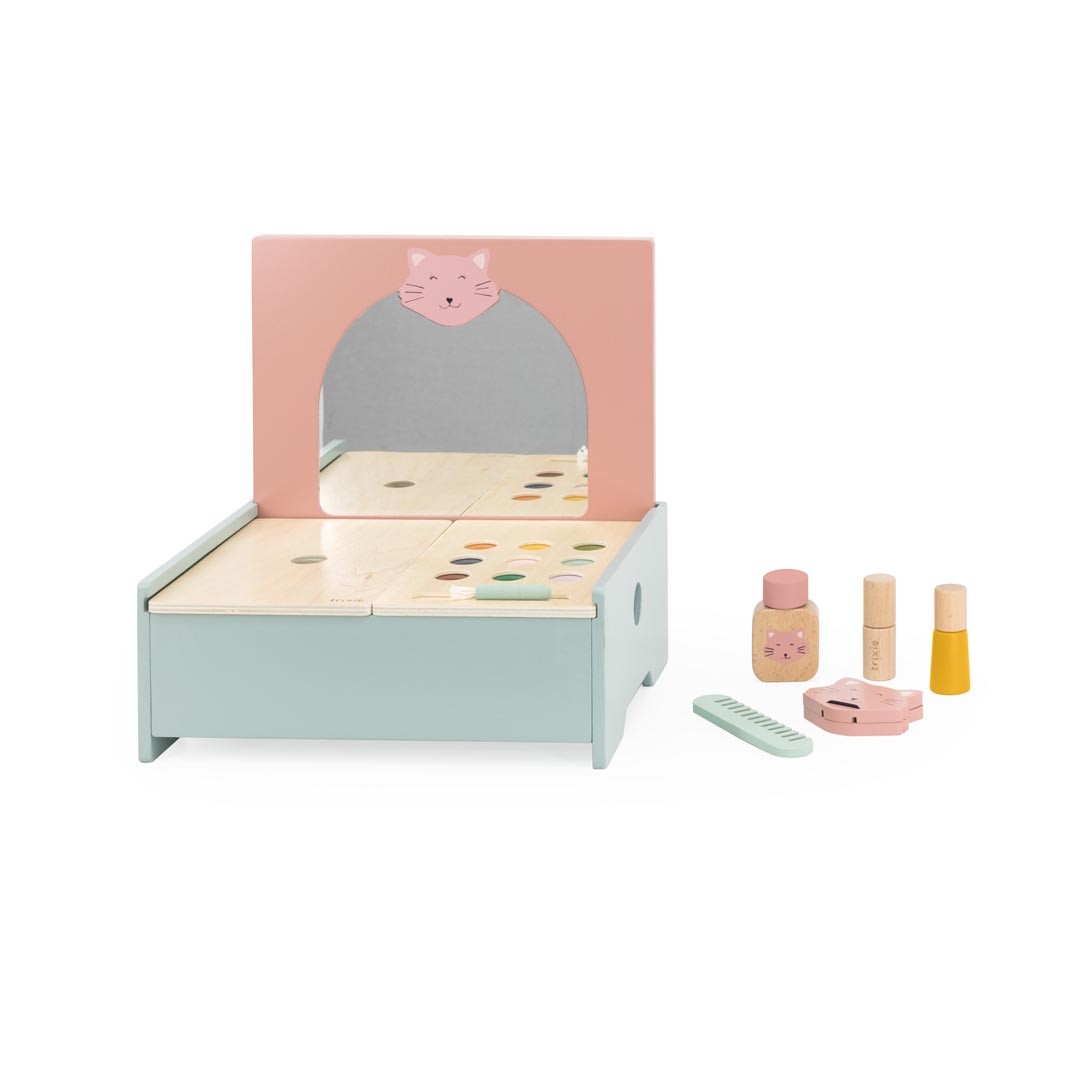 Wooden Makeup Set for Kids - Eco-Friendly Toy with Mirror & Accessories - Enhances Social Skills & Coordination by Trixie Baby at www.brixbailey.com