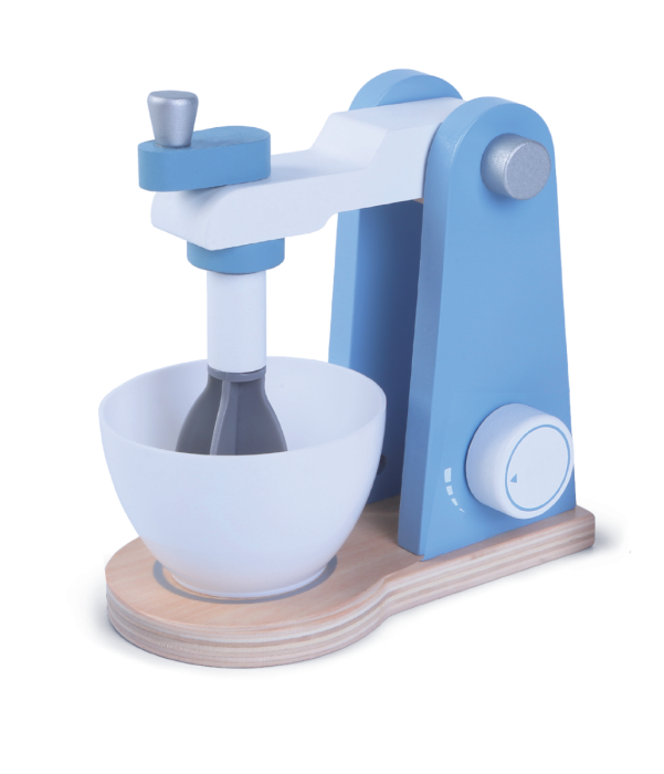confident shot of a wooden mixer set for kids on a bright kitchen countertop