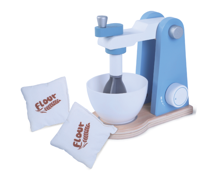 a child&#39;s hands gleefully mixing with the wooden toy mixer set on a sunny kitchen counter