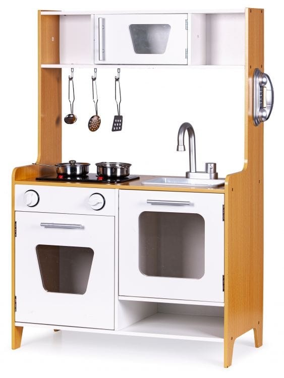 a bold front view of the wooden toy kitchen with its glowing hob and metal tools ready for play