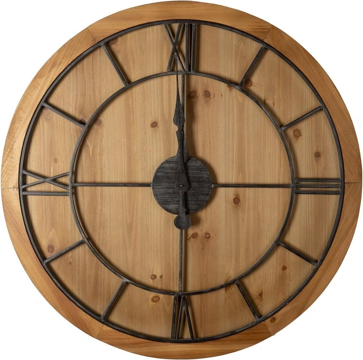 Large Natural Wood Skeleton Wall Clock Rustic Style with Subtle Wit
