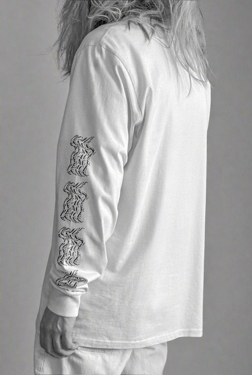 Luxury oversized off-white long sleeve with matte black graphics, premium 200 gsm organic cotton, handcrafted limited edition unisex top by WWOOLLFF CO. at brixbailey.com