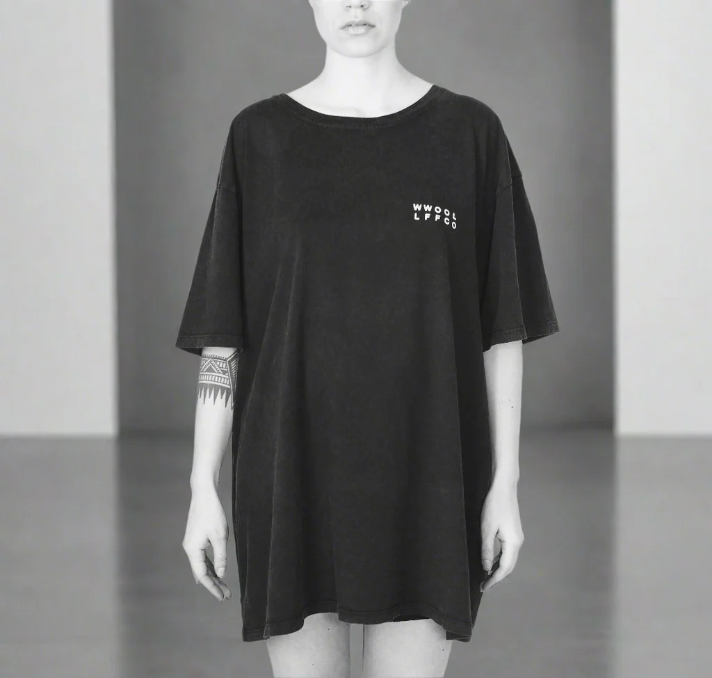 Luxury oversized washed out black tee, handprinted organic cotton, limited edition, unisex, fair trade, premium quality by WWOOLLFF CO. at brixbailey.com