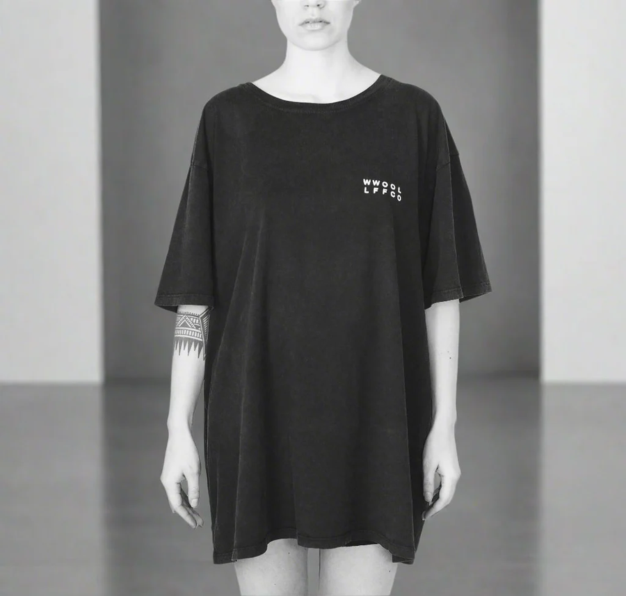 Luxury oversized washed out black tee, handprinted organic cotton, limited edition, unisex, fair trade, premium quality by WWOOLLFF CO. at brixbailey.com