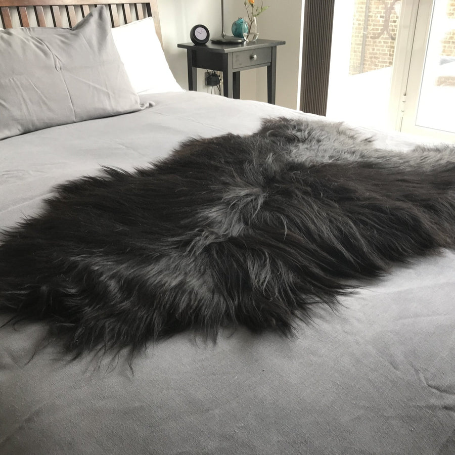 Luxury Icelandic natural black undyed sheepskin hide, sustainably sourced, premium eco-tanned, soft and elegant home decor by Wildash London at brixbailey.com