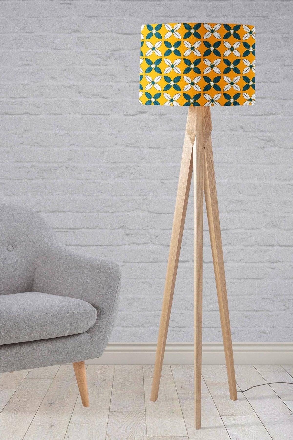 Yellow Drum Lampshade, Retro Blue and White Design Shade for Table, Floor or Ceiling Pendant Light