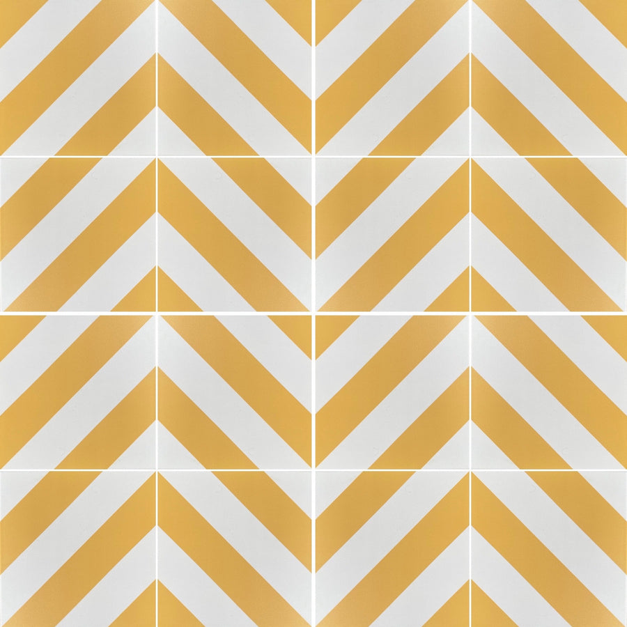 Luxury yellow stripe porcelain tile, durable indoor-outdoor chevron pattern, premium anti-slip grade, no sealing required by Maria Starling Design at brixbailey.com