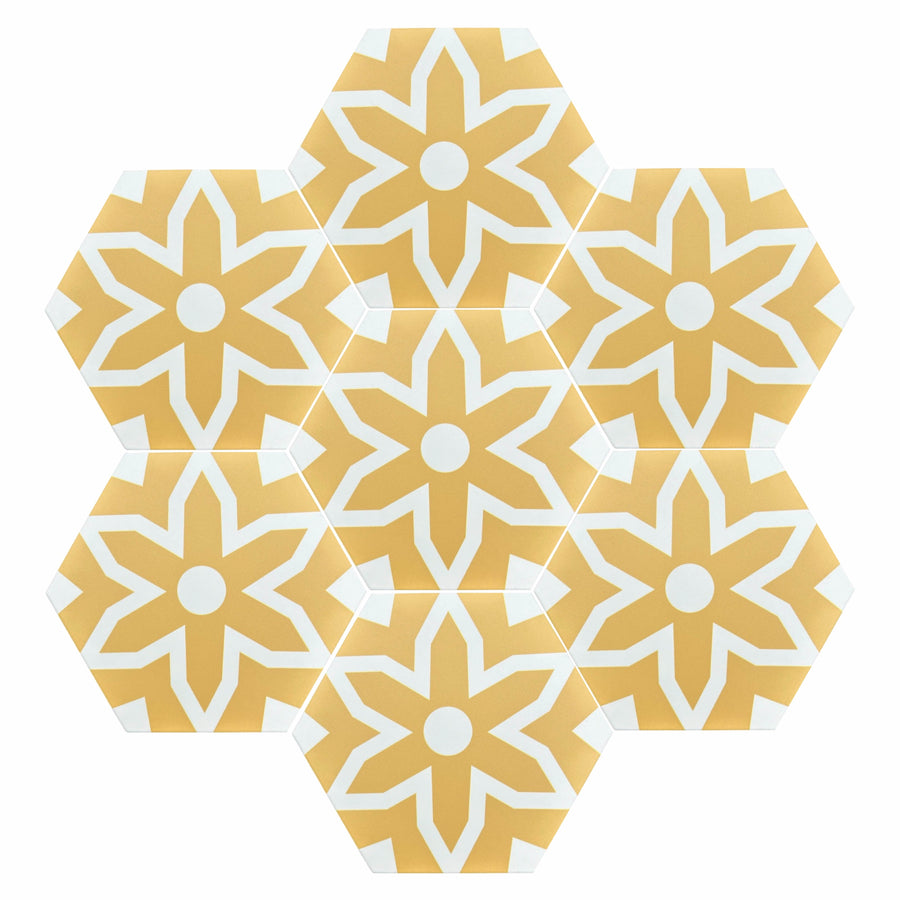 Luxury Fleur porcelain floor and wall tiles, yellow and white hex pattern, premium anti-slip matte finish, indoor-outdoor use by Maria Starling Design at brixbailey.com