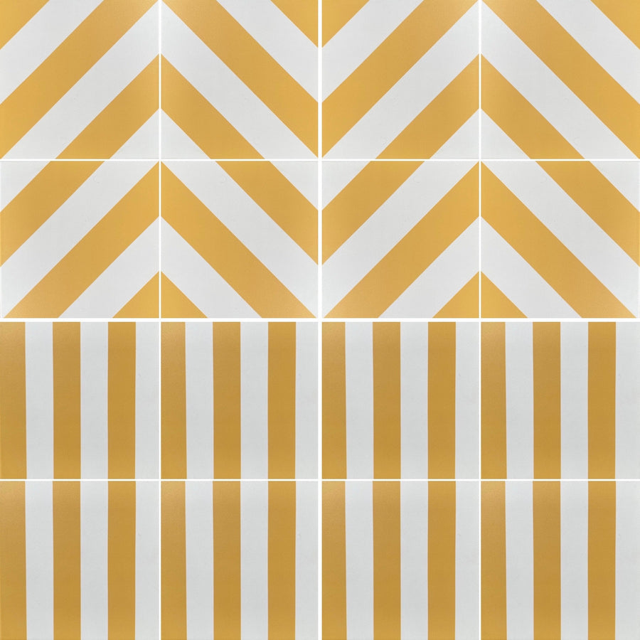 Premium yellow stripe porcelain tile, stylish anti-slip outdoor and indoor tile, durable hardwearing 20x20cm ceramic tile for custom designs by Maria Starling Design at brixbailey.com