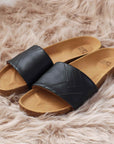 Premium black vegan sandals YIN, comfortable strap, soft anatomical footbed, slip-resistant sole, timeless capsule wardrobe essential by Fünve at brixbailey.com