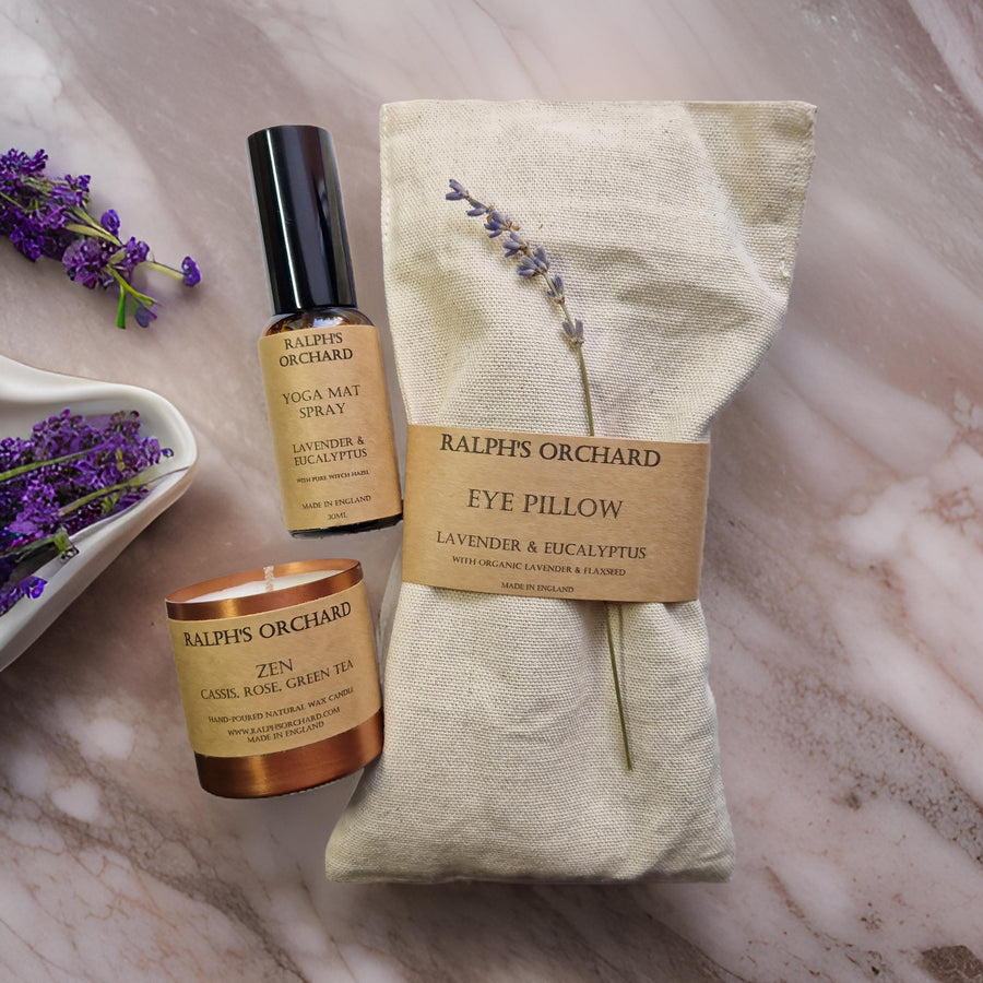 luxury yoga lovers gift set with zen candle, organic lavender eye pillow, natural mat spray by Ralph's Orchard at brixbailey.com