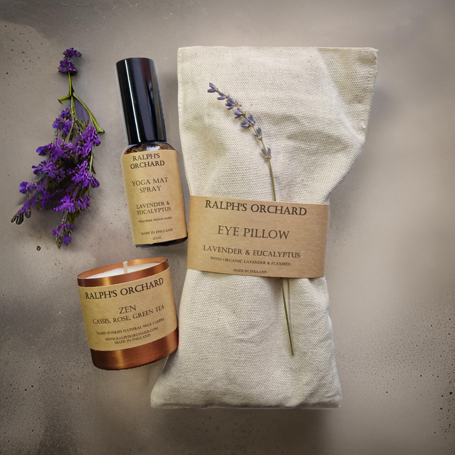Premium yoga lovers gift set with lavender eye pillow, natural mat spray, zen candle by Ralph's Orchard at brixbailey.com