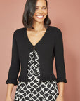 Yumi Black Tie Up Ribbed Cardigan With Frill Hem