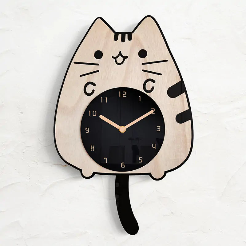 3D Wooden Cartoon Cat Wall Clock - Whimsical, Quiet, Educational Kids Room Decor by Baby Lamby at brixbailey.com