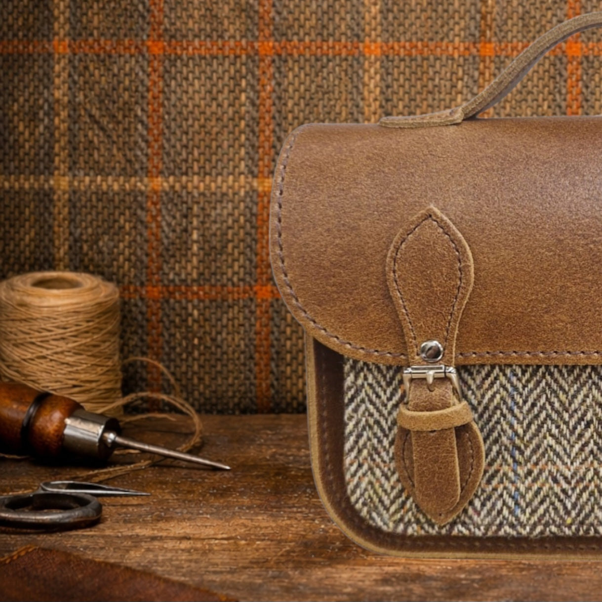 Midi Tannery &amp; Tweed Satchel - Tan