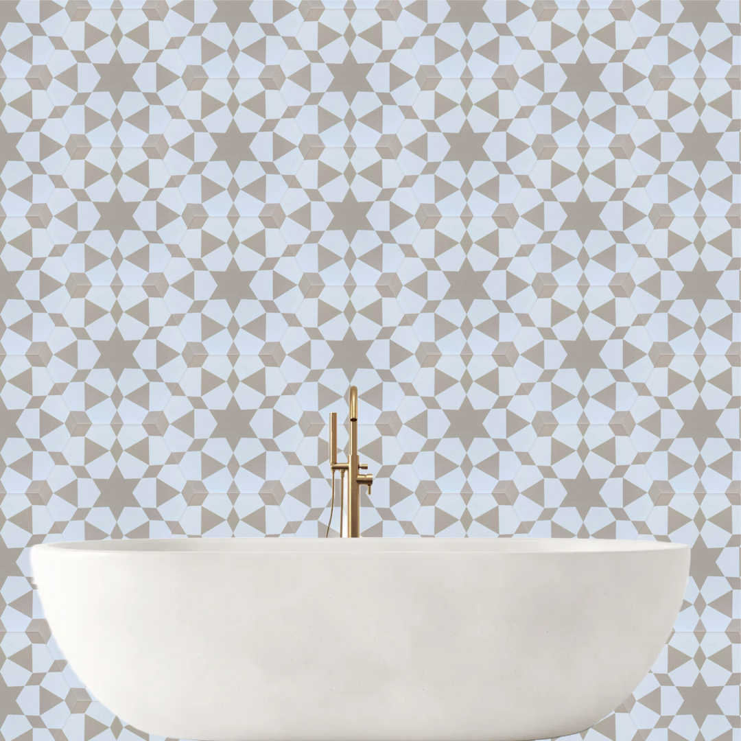 Luxury Zeena porcelain hexagon tiles, beige and white, Moroccan-inspired zellige pattern, anti-slip, indoor-outdoor use by Maria Starling Design at brixbailey.com