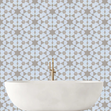Luxury Zeena porcelain hexagon tiles, beige and white, Moroccan-inspired zellige pattern, anti-slip, indoor-outdoor use by Maria Starling Design at brixbailey.com