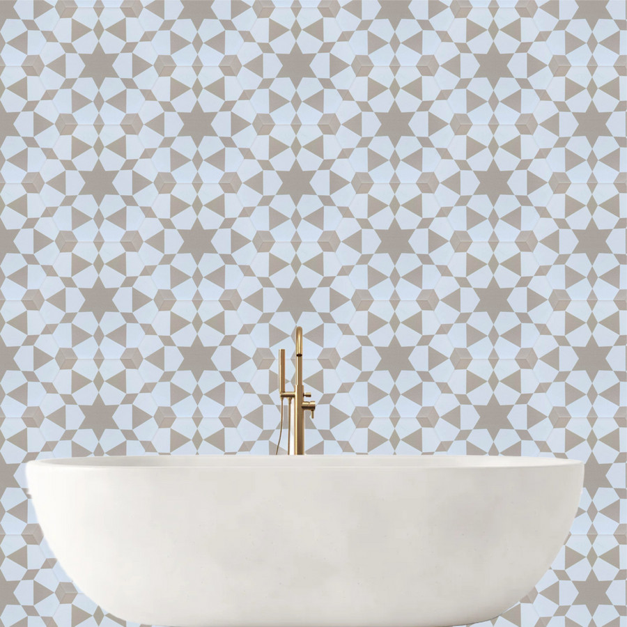 Luxury Zeena porcelain hexagon tiles, beige and white, Moroccan-inspired zellige pattern, anti-slip, indoor-outdoor use by Maria Starling Design at brixbailey.com