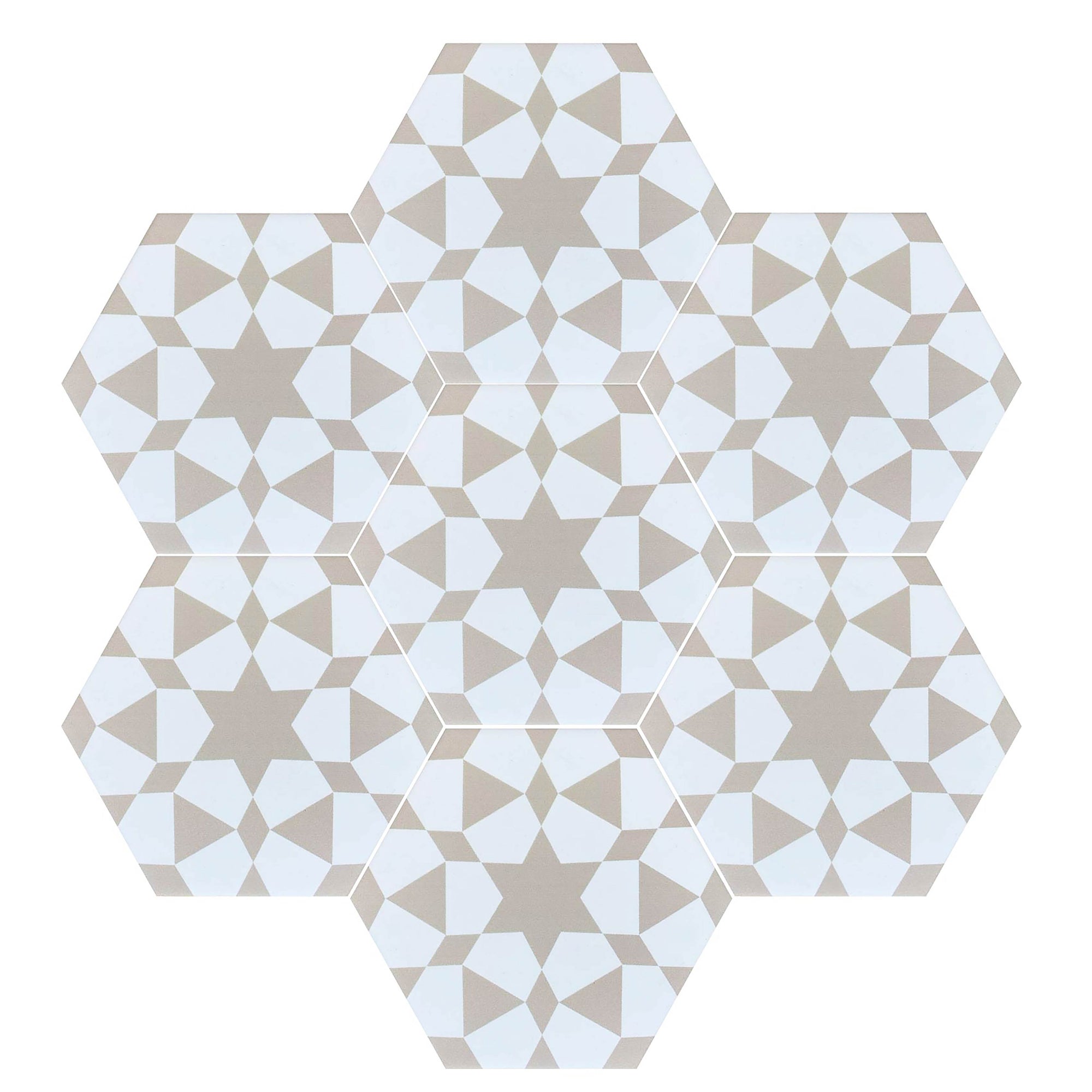 Luxury Zeena porcelain hexagon tiles, beige and white, Moroccan-inspired zellige pattern, anti-slip, indoor-outdoor use by Maria Starling Design at brixbailey.com