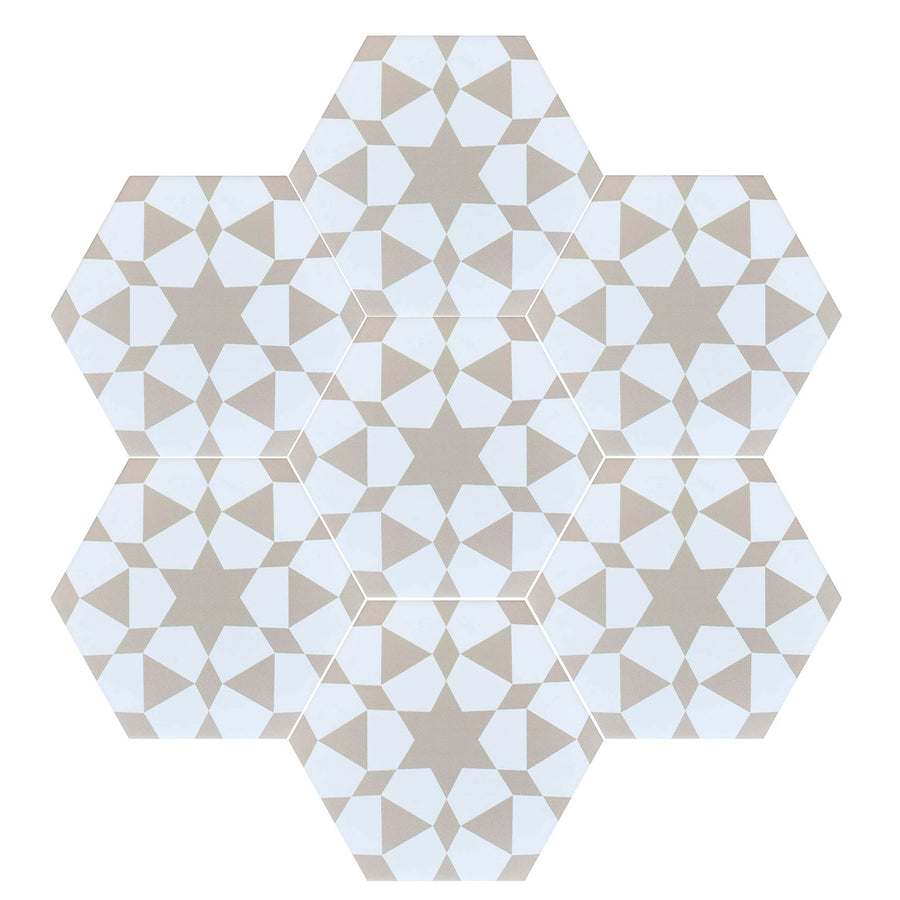Luxury Zeena porcelain hexagon tiles, beige and white, Moroccan-inspired zellige pattern, anti-slip, indoor-outdoor use by Maria Starling Design at brixbailey.com