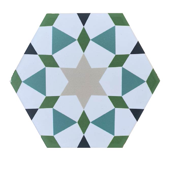 Luxury Zeena porcelain patterned tiles, green and pink Moroccan-inspired zellige mosaic, anti-slip indoor outdoor tiles by Maria Starling Design at brixbailey.com
