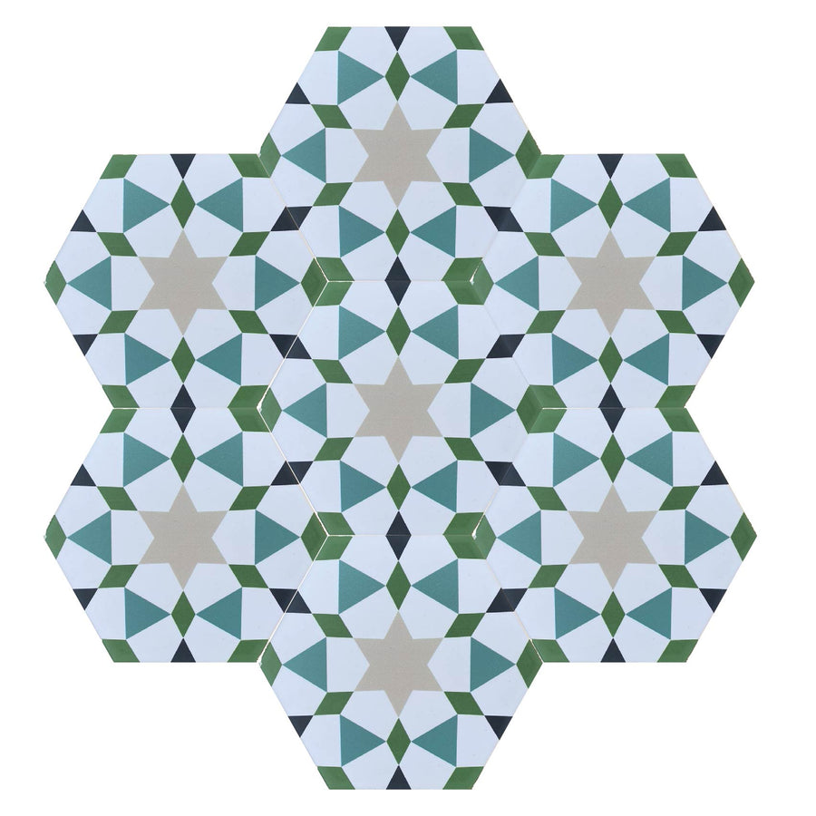 Luxury Zeena porcelain tiles, green and pink Moroccan-inspired patterned tiles, premium anti-slip indoor outdoor tiles by Maria Starling Design at brixbailey.com