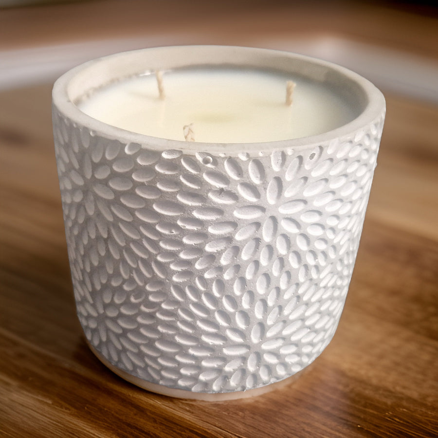 Luxury concrete scented candle in minimalist cement container, handcrafted premium fragrances like Vintage Bookshop, Zen, Enchanted Forest, Rock Salt Amber, vegan eco-friendly home decor by Ralph's Orchard at brixbailey.com
