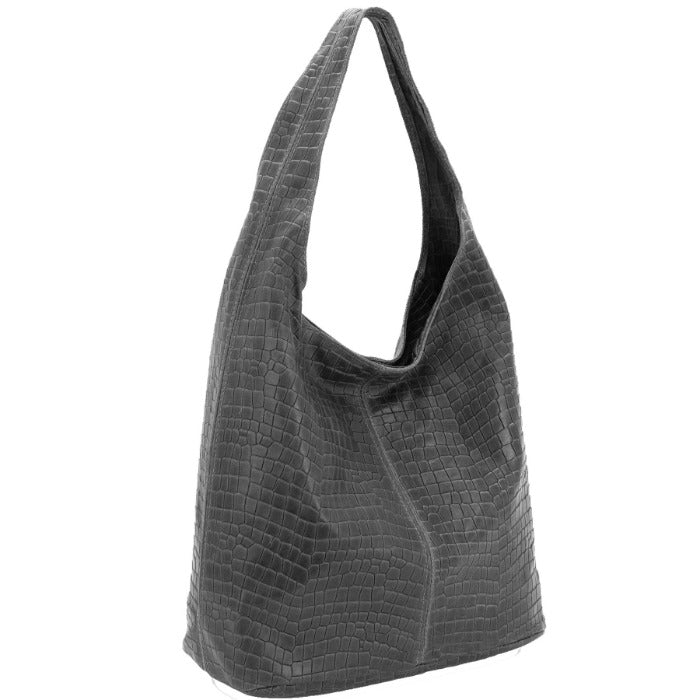 Slate grey croc print leather hobo bag by Sostter with top zipper closure at www.brixbailey.com