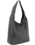 Slate grey croc print leather hobo bag by Sostter with top zipper closure at www.brixbailey.com