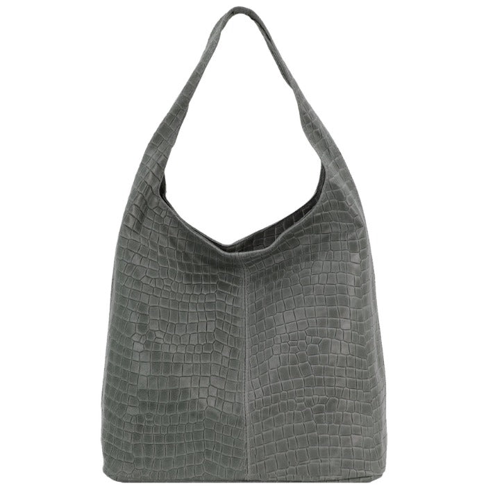 Slate grey croc print leather hobo bag by Sostter with top zipper closure at www.brixbailey.com