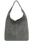 Slate grey croc print leather hobo bag by Sostter with top zipper closure at www.brixbailey.com