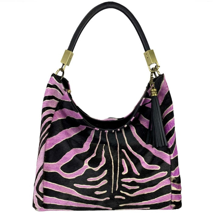 Large Lilac Zebra Print Hair On Leather Tassel Grab Bag Sostter