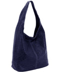 Navy Croc Print Leather Hobo Bag